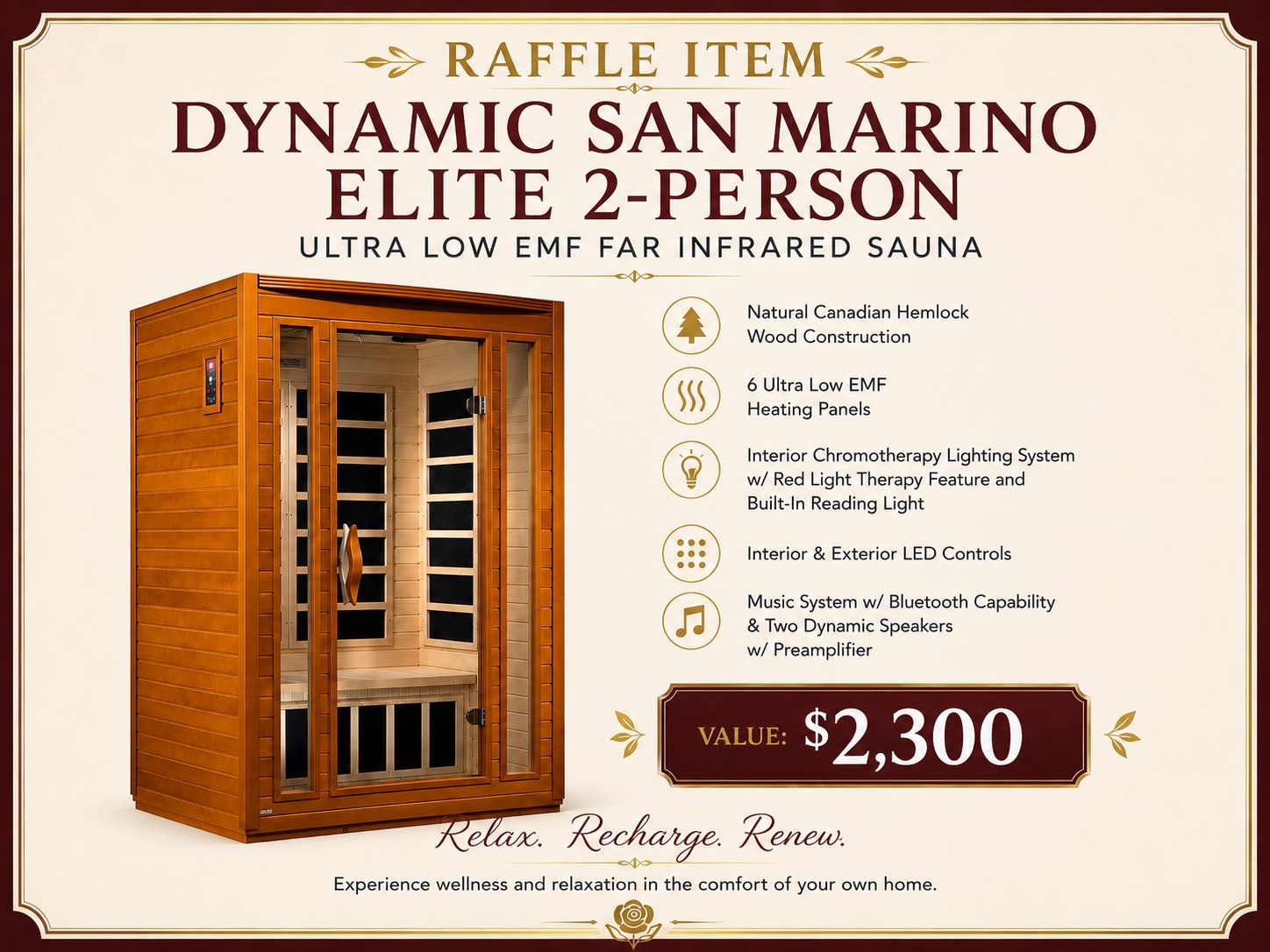 Dynamic San Marino Elite 2-Person Far Infrared Sauna — raffle prize sheet