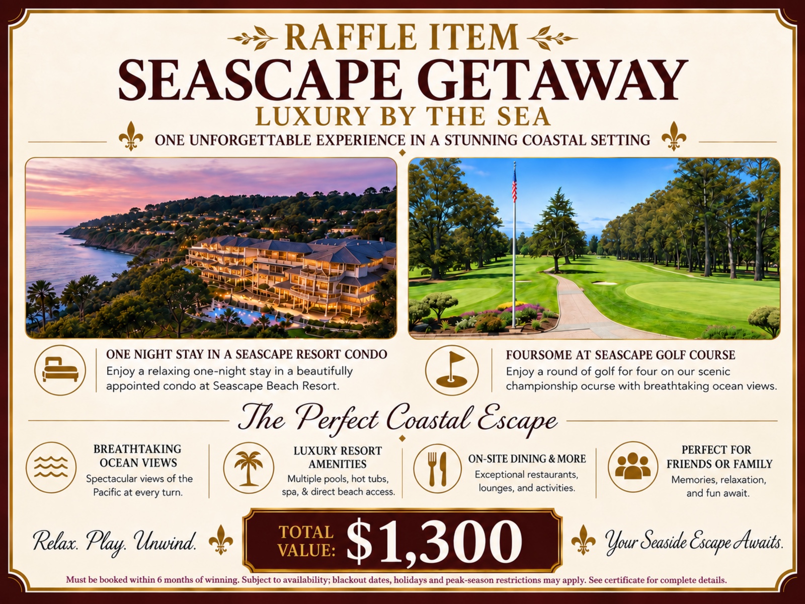 Seascape Golf Getaway — raffle prize sheet