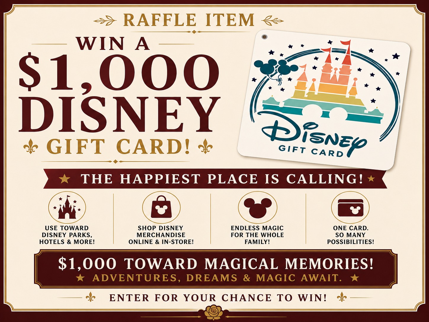 $1,000 Disney Gift Card — raffle prize sheet