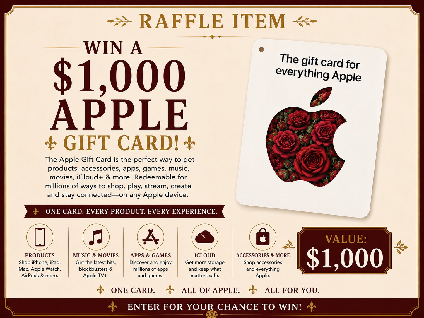 $1,000 Apple Gift Card — raffle prize sheet