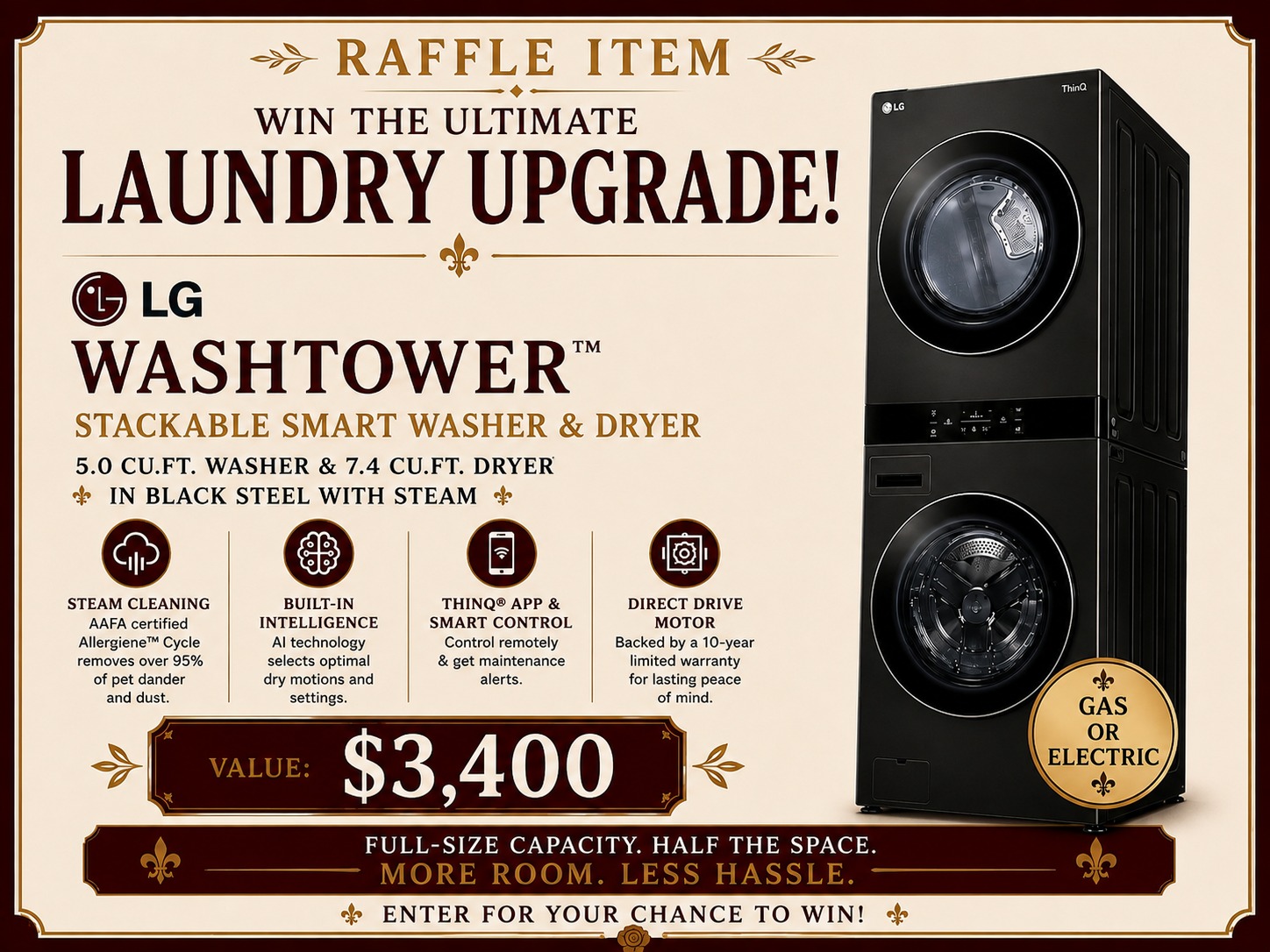 LG WashTower Stackable Smart Washer & Dryer — raffle prize sheet