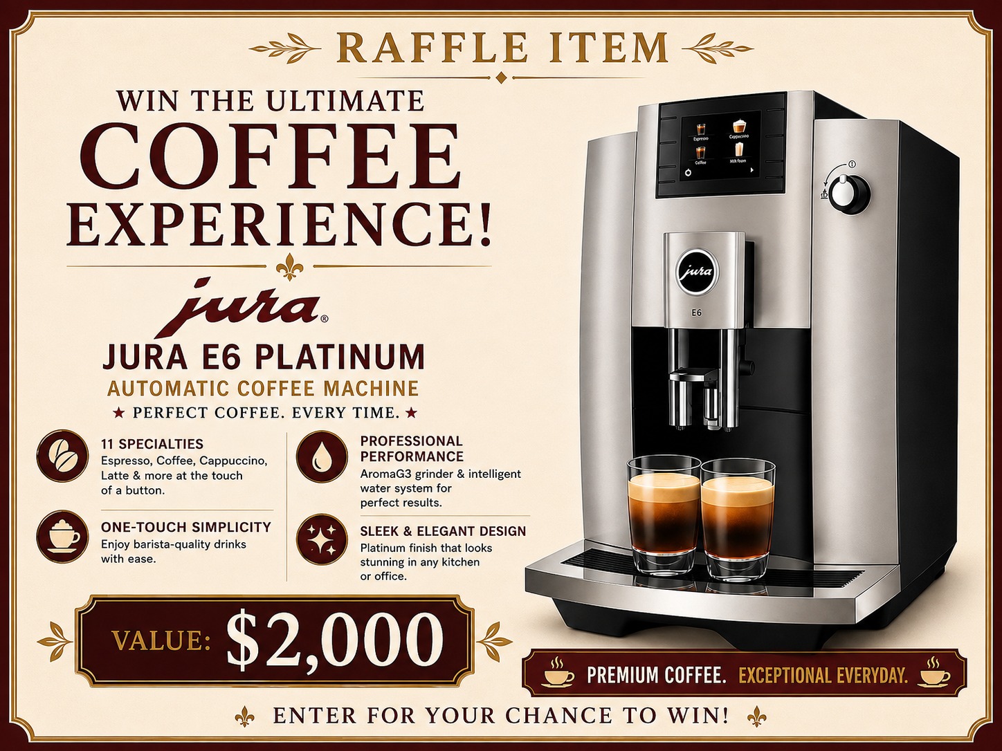 Jura E6 Platinum Automatic Coffee Machine — raffle prize sheet