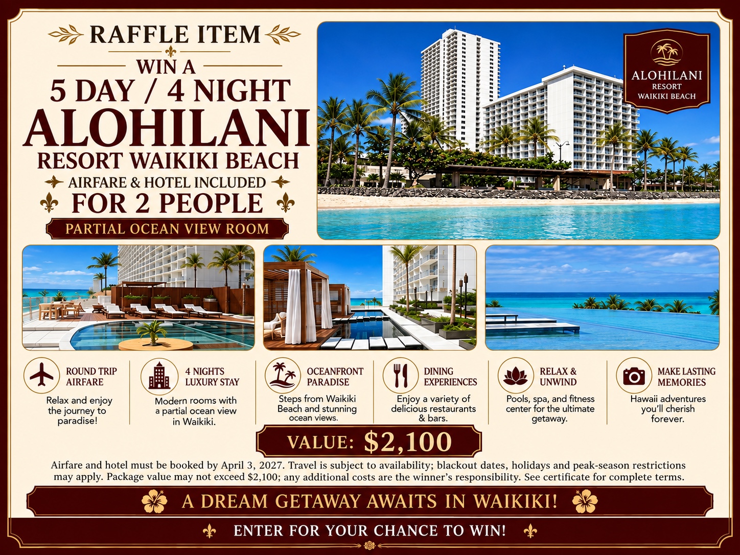 5 Day / 4 Night at Alohilani Resort, Waikiki Beach — raffle prize sheet