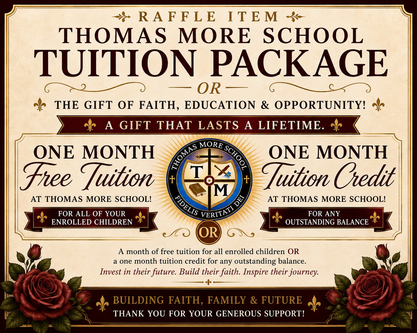 Thomas More School Tuition Package — raffle prize sheet